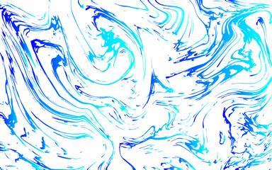 Abstract marbled background with fluid swirls of bright cyan, electric blue, and white. Showcases smooth, organic curves and chaotic flowing patterns that mimic liquid or ink motion.