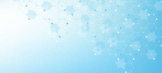Modern health care or medical background design. Health care innovation concept. Horizontal header web banner. Abstract geometric background with hexagon shapes for medicine, science, chemistry.