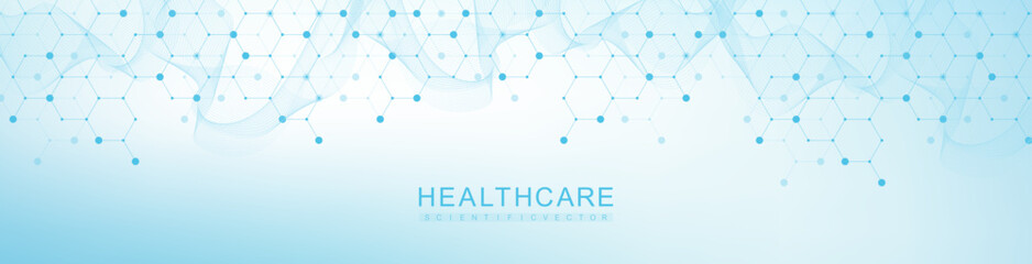 Modern health care or medical background design. Health care innovation concept. Horizontal header web banner. Abstract geometric background with hexagon shapes for medicine, science, chemistry.