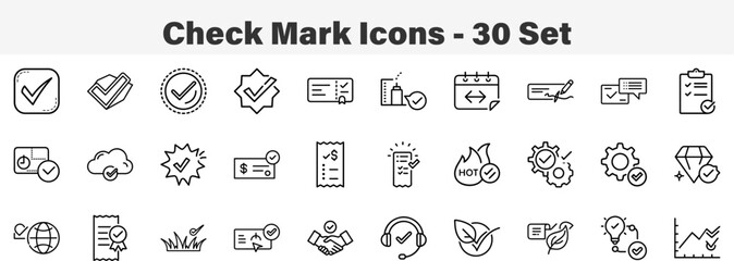 Set of 30 outline Check Mark icons. Line art icon collection. Editable stroke. Vector illustration