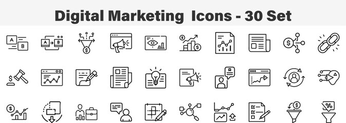 Set of 30 outline Digital Marketing  Icons. Line art icon collection. Editable stroke. Vector illustration