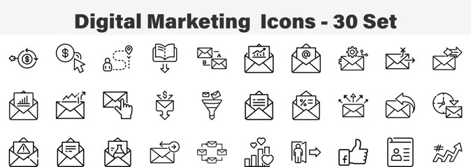 Set of 30 outline Digital Marketing  Icons. Line art icon collection. Editable stroke. Vector illustration