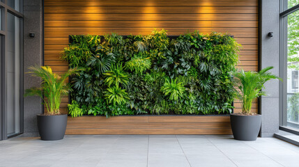Lush vertical garden with vibrant greenery against wooden wall, creating serene atmosphere