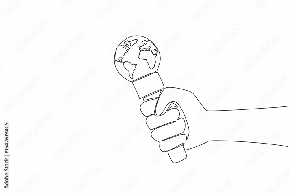 Poster continuous one line drawing hand holds microphone the top of microphone has been replaced with a glo