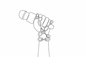 Single continuous line drawing hand holding mic of reporter and wrapped in chain. Freedom under threat. No news digging allowed. Power. World Press Freedom Day. One line design vector illustration