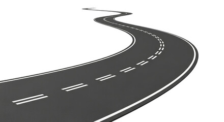 Curving asphalt road stretches ahead with white line markings suggesting progress and adventure.