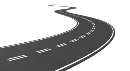 Curving asphalt road stretches ahead with white line markings suggesting progress and adventure.