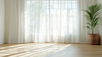 Bright, airy room with sheer curtains gently swaying, casting soft shadows on wooden floor