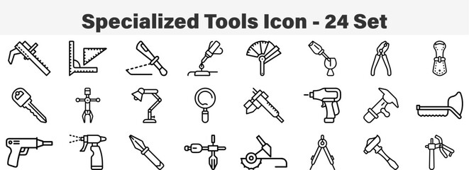 Set of 24 outline Specialized  Tools Icons. Line art icon collection. Editable stroke. Vector illustration