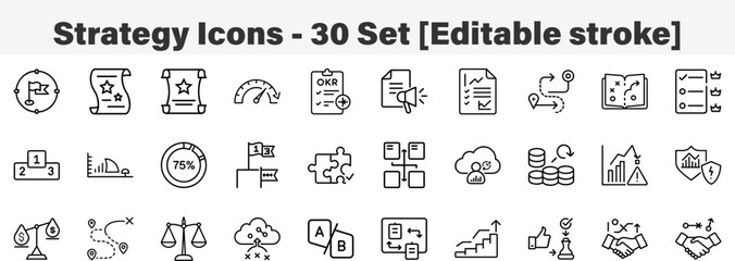 Set of 30 outline strategy icons. Line art icon collection. Editable stroke. Vector illustration