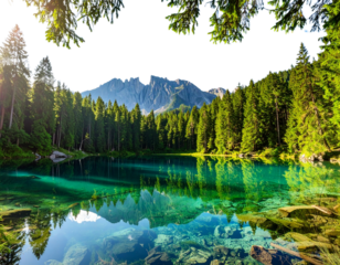 Crystal Clear Lake Surrounded by Lush Green Forest Under Bright Blue Sky, Transparent Background