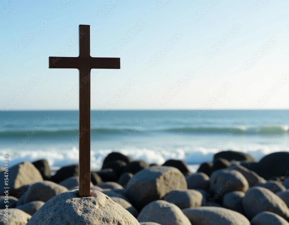Poster a simple cross rises above smooth stones by the waters edge, reflecting a moment of devotion as gent