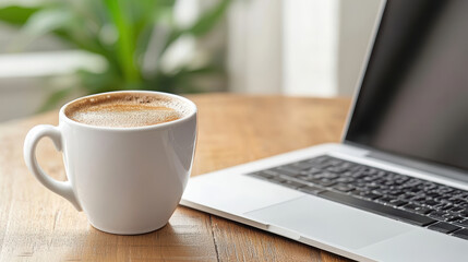 Cozy workspace featuring laptop and cup of coffee, perfect for productivity and relaxation
