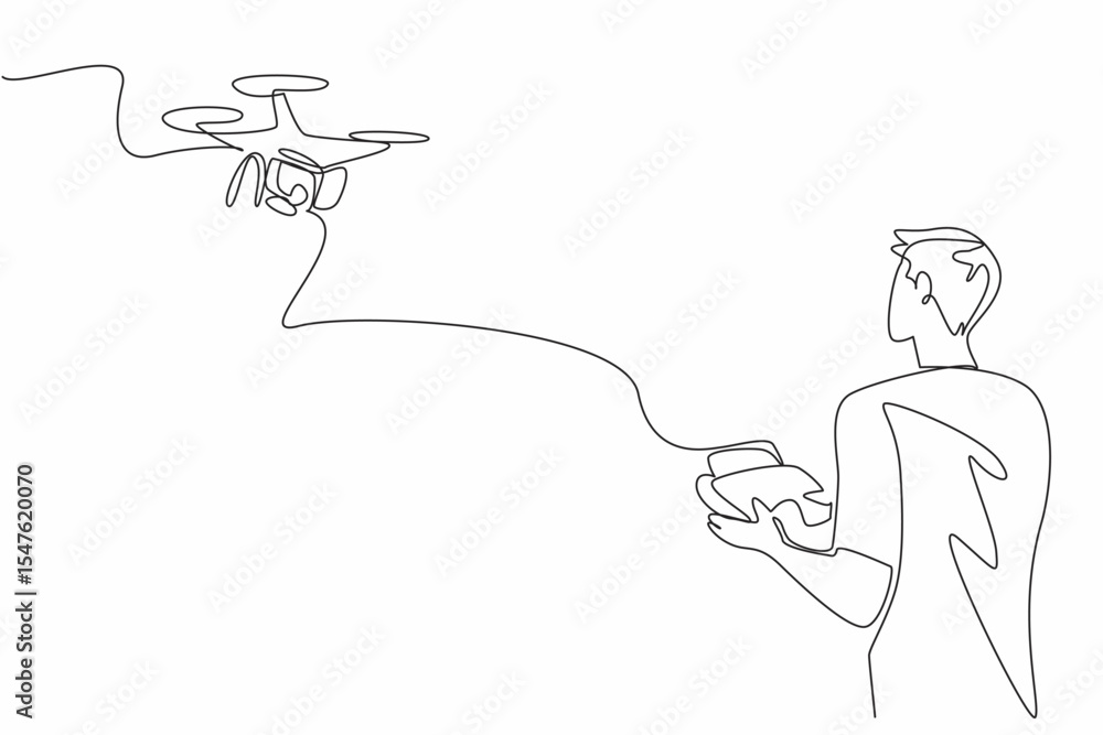 Aufkleber single continuous line drawing a man in casual clothes controls a drone with a remote control outdoo
