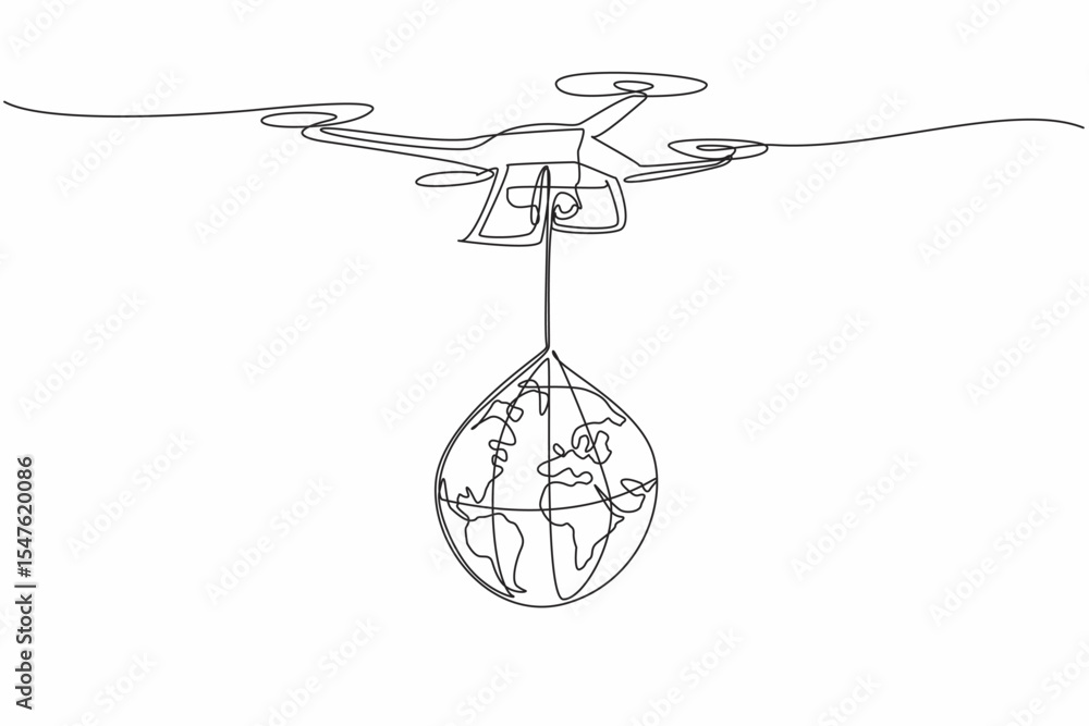 Aufkleber continuous one line drawing drone carrying globe. definition of technology that helps humans. flying