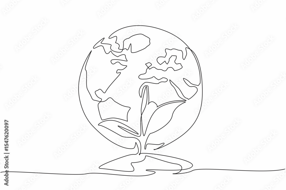 Poster single one line drawing small tree with a mound of earth with a globe behind it. greening the earth 