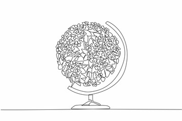 Single one line drawing small globe made of flowers and leaves. Green planet. High in oxygen. Healthy lungs. Calms the mind. The environment. Greenery Day. Continuous line design graphic illustration