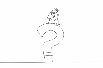 Single one line drawing woman in casual clothes sitting on big question mark while contemplating. Why be away from family. Homesick. National Day of Reason. Continuous line design graphic illustration