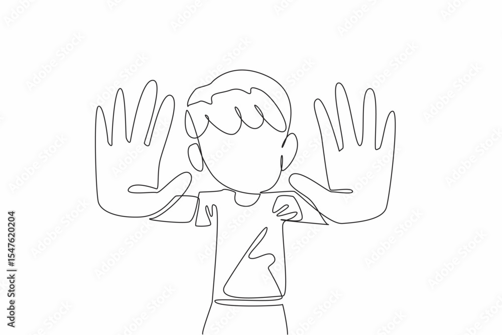 Poster single continuous line drawing the boy raised both his hands and pointed them forward. no more bully