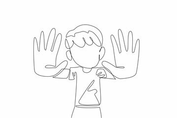 Single continuous line drawing the boy raised both his hands and pointed them forward. No more bullying in schools. Create peace. Be friends. Anti Bullying Day. One line design vector illustration