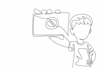 Continuous one line drawing girl raises hand holding paper with forbidden sign. Stop arbitrariness. Stop bullying in schools. No bully. Anti Bullying Day. Single line draw design vector illustration