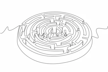 Gordijnen Single continuous line drawing labyrinth of circular plants. Educational playground. Learn to be patient in finding solutions. Winding garden. World Labyrinth Day. One line design vector illustration © Simple Line