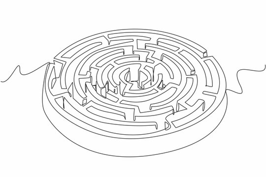 Single continuous line drawing labyrinth of circular plants. Educational playground. Learn to be patient in finding solutions. Winding garden. World Labyrinth Day. One line design vector illustration