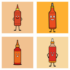 Four illustrations of anthropomorphic ketchup bottles with smiling faces and simple black outlines