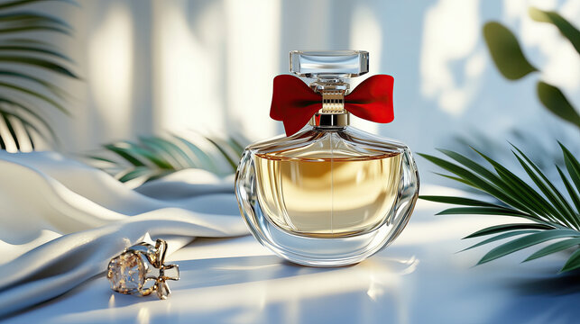 Elegant perfume bottle with red bow, surrounded by soft fabric and green leaves, exuding luxury and sophistication