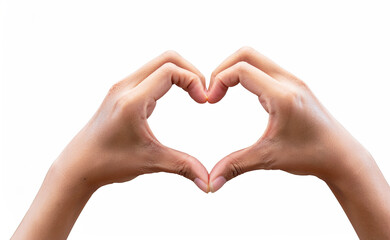 A woman's hand with bright red nail polish forms heart shape gesture as a sign of love and romance.
