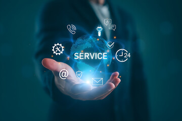 Customer service and support solution, Businessman offering digital support with global communication icons. Contact us page, online helpdesk, 24/7 service, Ai chatbot, email, Ai assistance.