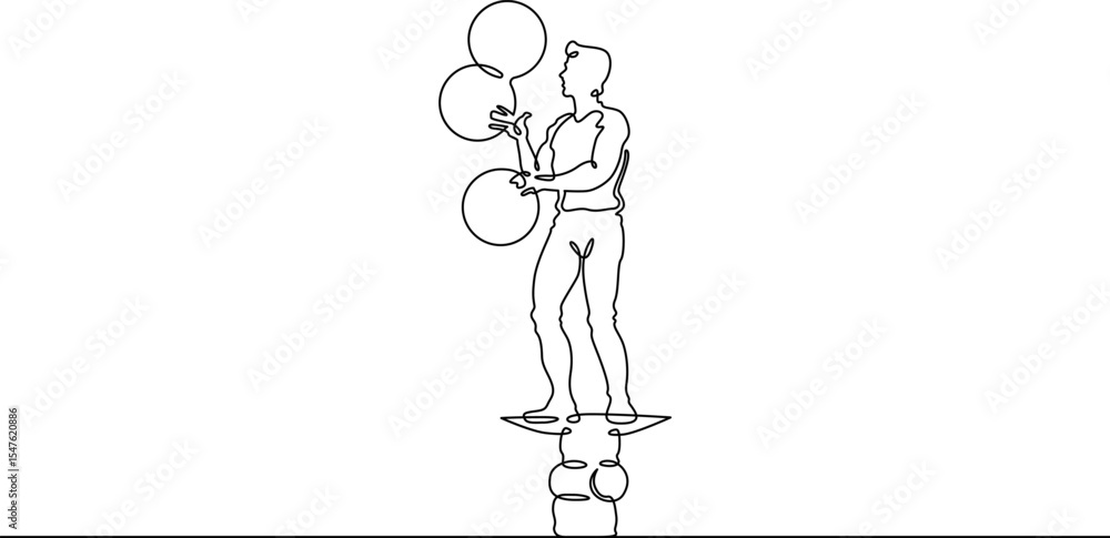 Poster continuous one line drawing circus artist. circus. the juggler juggles. circus performance. one cont