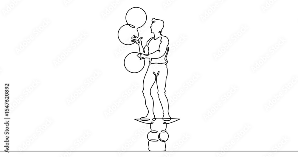 Poster continuous one line drawing circus artist. circus. the juggler juggles. circus performance. one cont