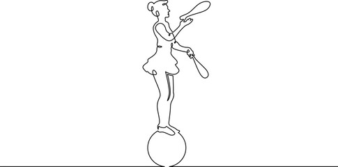 Continuous one line drawing circus artist. Circus. The juggler juggles. Circus performance. One continuous line isolated minimal illustration.Not AI.