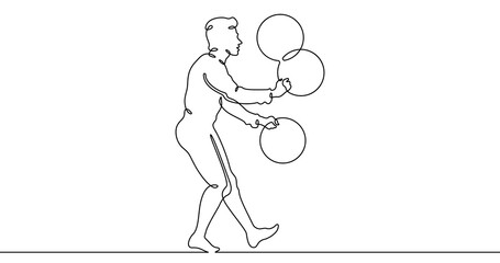 Continuous one line drawing circus artist. Circus. The juggler juggles. Circus performance. One continuous line isolated minimal illustration.Not AI.