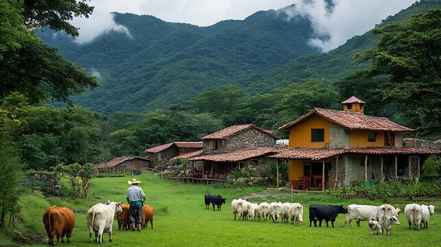 Farmhouse scenery herder guides cows towards houses nestled at the base of a mountain range under cloudy skies