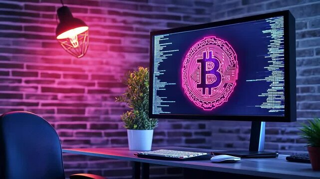 Neon bitcoin logo illuminated in a modern workspace
