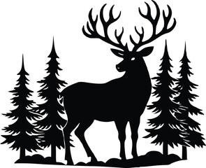 Majestic Stag in Forest Silhouette, Wild Deer Antlers Scene Art