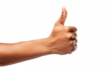 Hand of man showing thumb-up gesture on white background.

