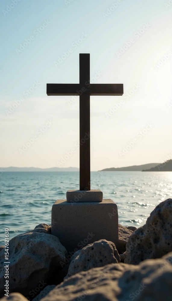 Poster a cross rises from a rocky shore, silhouetted against a shimmering ocean at sunset. the calm water r