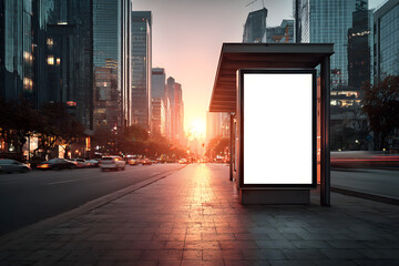 Blank vertical billboard on modern bus shelter in city street, realistic scene with soft sunset lighting and cinematic shallow depth of field