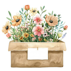 Illustration of a wooden box with a white blank for text filled with bright flowers and greenery isolated on a transparent background PNG. Element of a gift festive design