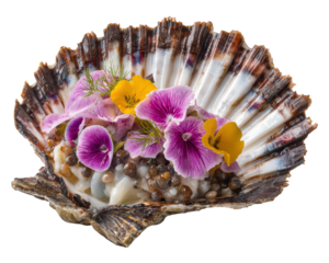 Scallop shell filled with fresh abalone, garnished with edible flowers, herbs, and caviar, presented in high end omakase style, vibrant and luxurious culinary art