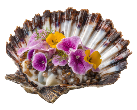 Scallop shell filled with fresh abalone, garnished with edible flowers, herbs, and caviar, presented in high end omakase style, vibrant and luxurious culinary art