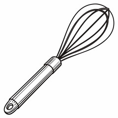 A clean vector line art illustration of a versatile kitchen whisk, perfect for conveying themes of baking, cooking, homemade food, and culinary activities.