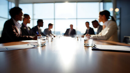 Business team meeting around a table in a modern office, sunlight streaming through large windows