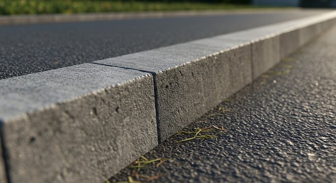 Detailed Close-Up of a Textured Gray Curbstone Beside Asphalt Road