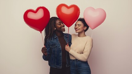 Smiling women holding red and pink heart balloons, celebrating LGBTQ+ love and diversity on a neutral background.