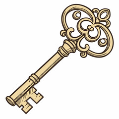 A beautifully detailed hand-drawn style vector illustration of an ornate vintage skeleton key, symbolizing secrets, solutions, access, opportunity, and mystery.