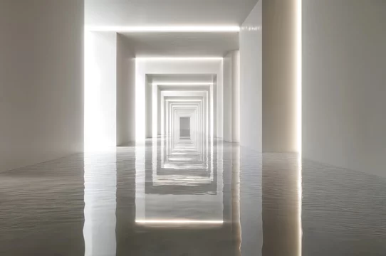 Symmetrical light-filled passage with reflective panels